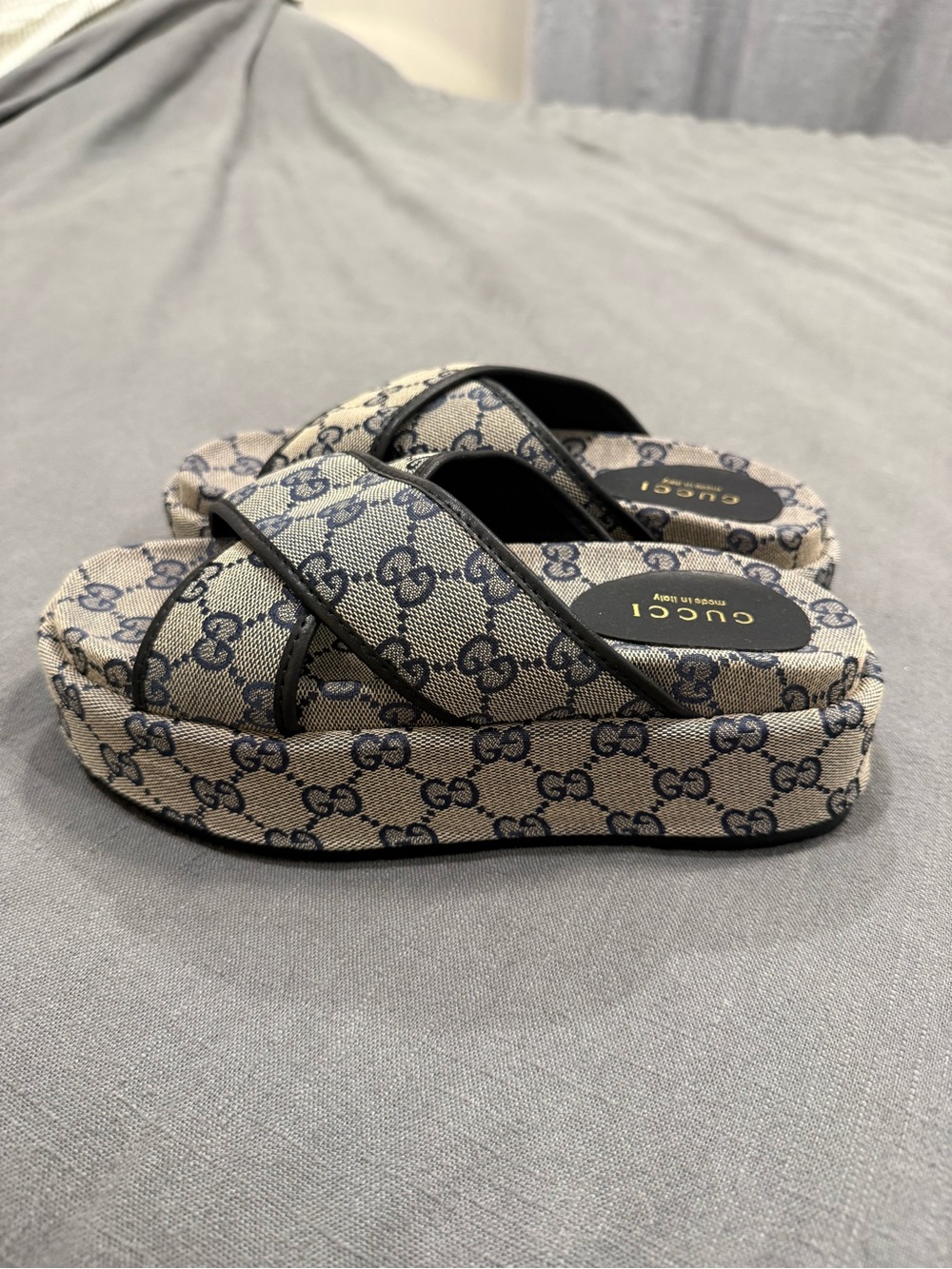 GG navy & Beige Canvas Cross-Strap Sandals - Picture 3 of 5